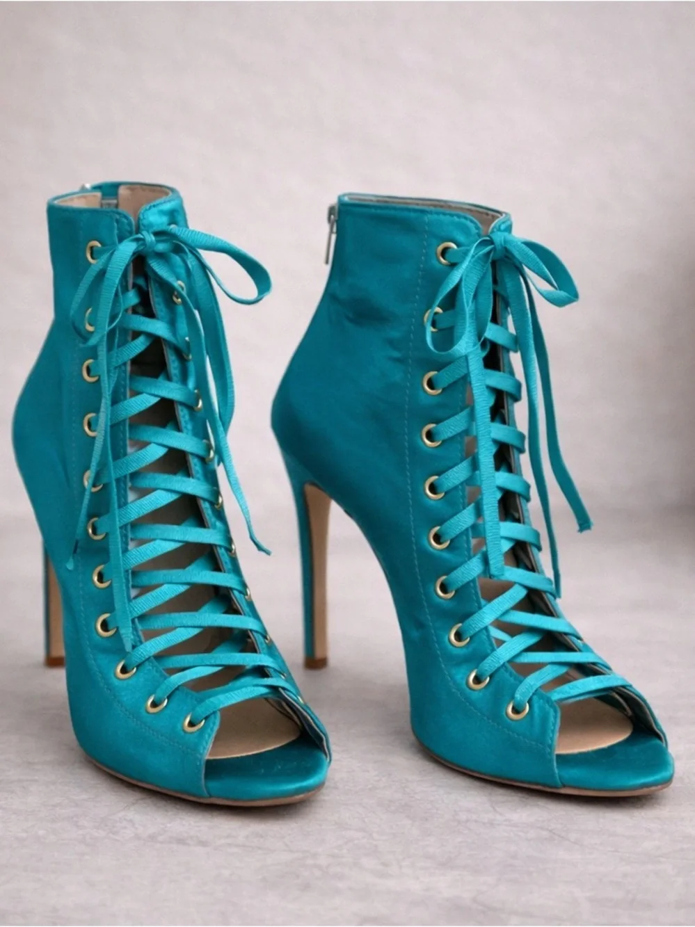 Teal Satin Lace-Up Heeled Booties Open Toe Size 9 Statement